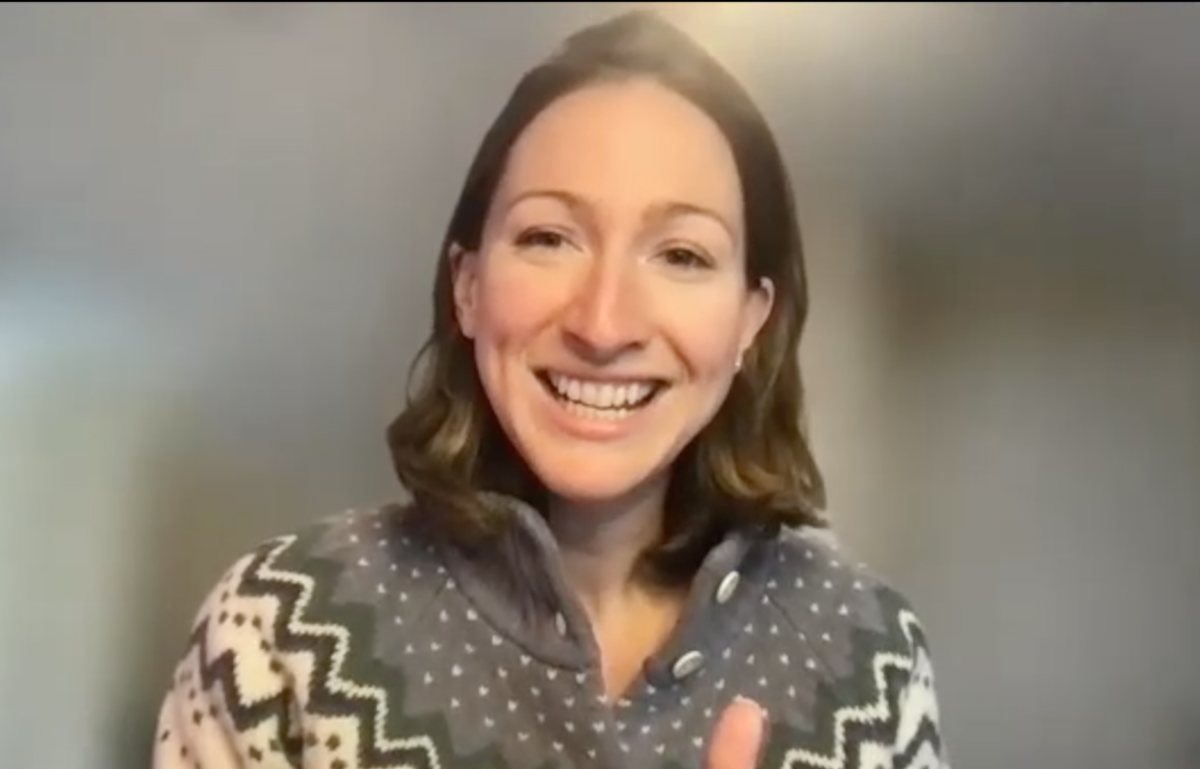 Rachel Pope, MD, MPH, answers a question during a Zoom video interview